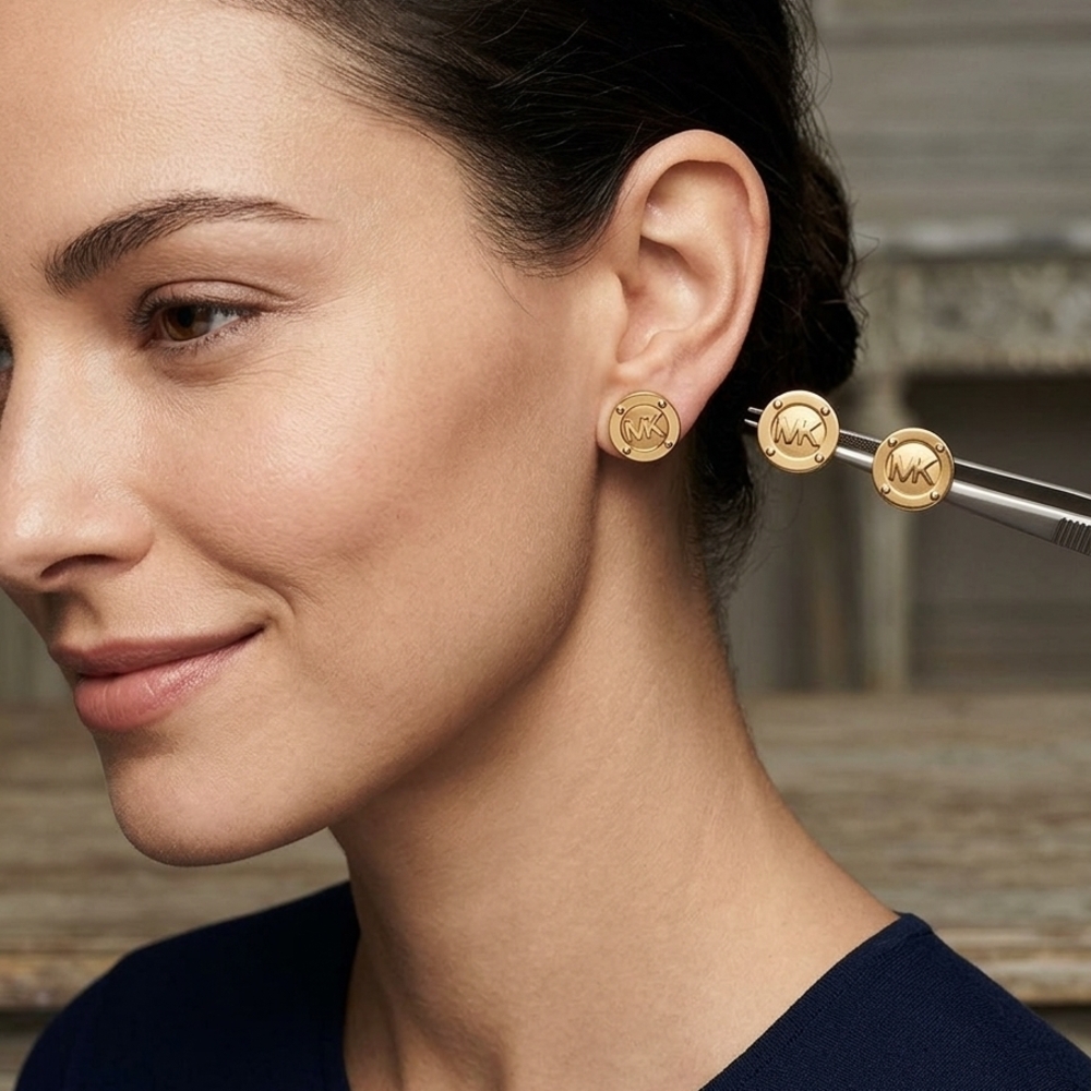 Michael Kors Gold MK Logo Round Stud Earrings